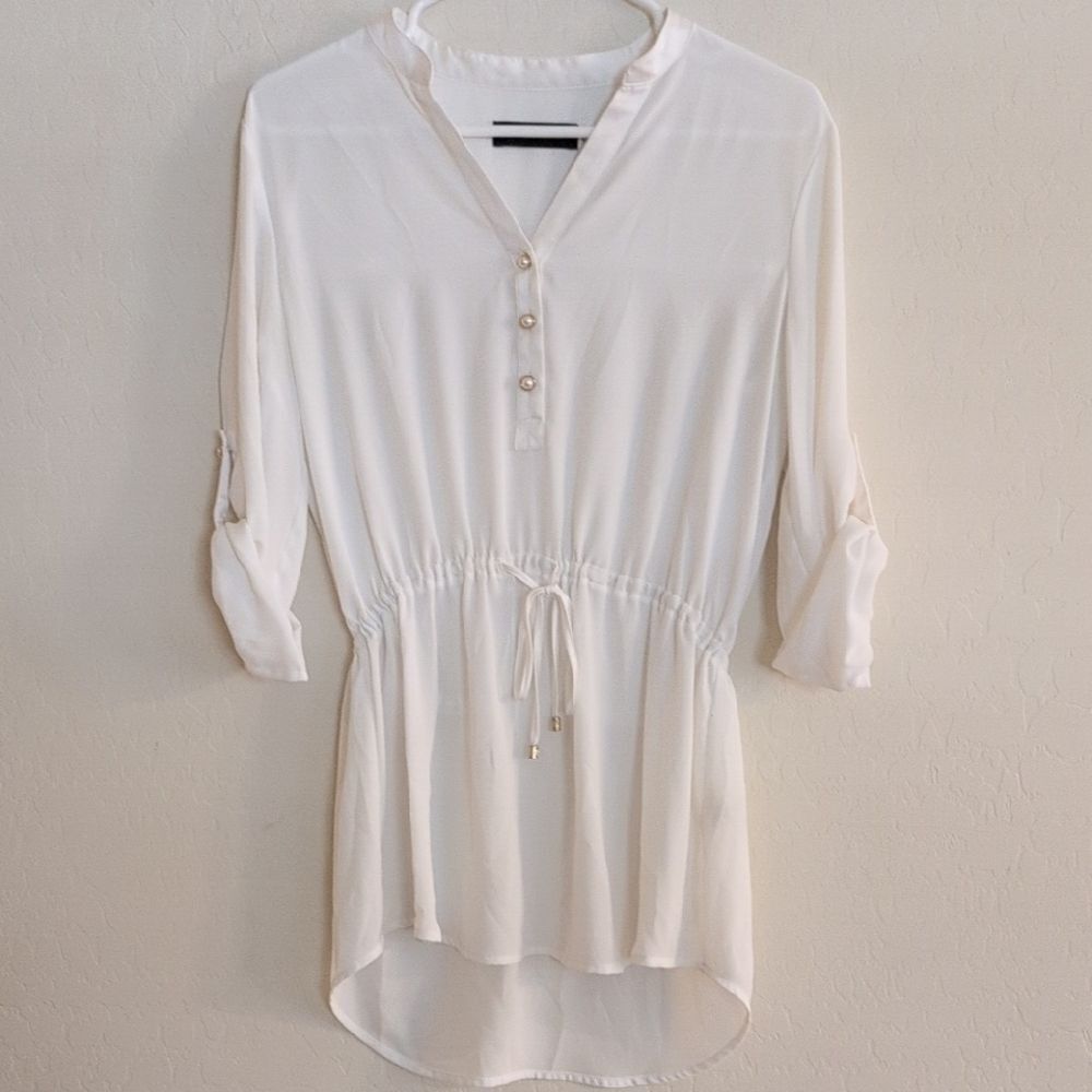 Ivanka Trump Elegant White Women's Top Tunic Shirt Tie At Waist - Size S